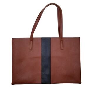 Vince Camuto Shopper Tote Bag Brown Striped Double Handle Vegan Leather